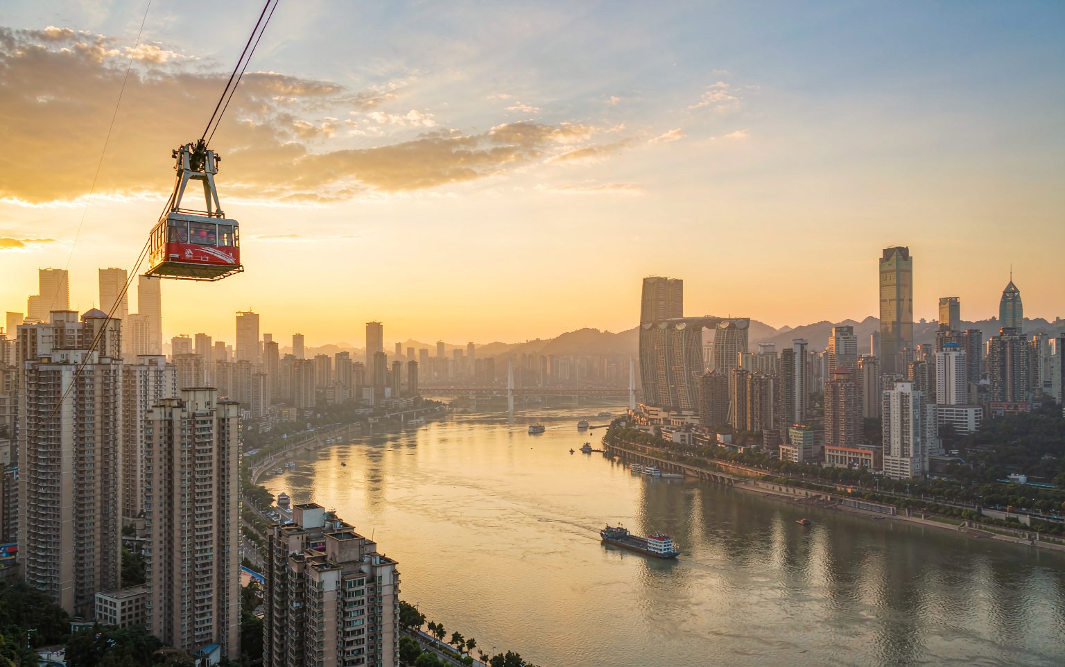 Yangtze River Cableway cable car crossing the river in Chongqing